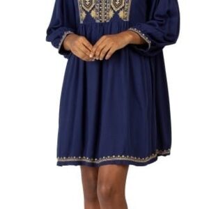 NWT SOLITAIRE Embroidered Yoke Front Dress Size S Navy Floral BOHO 3/4 Sleeve